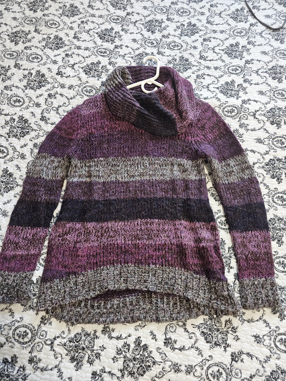 Great Northwest Clothing Company Plum and Gray Striped Cowlneck Sweater